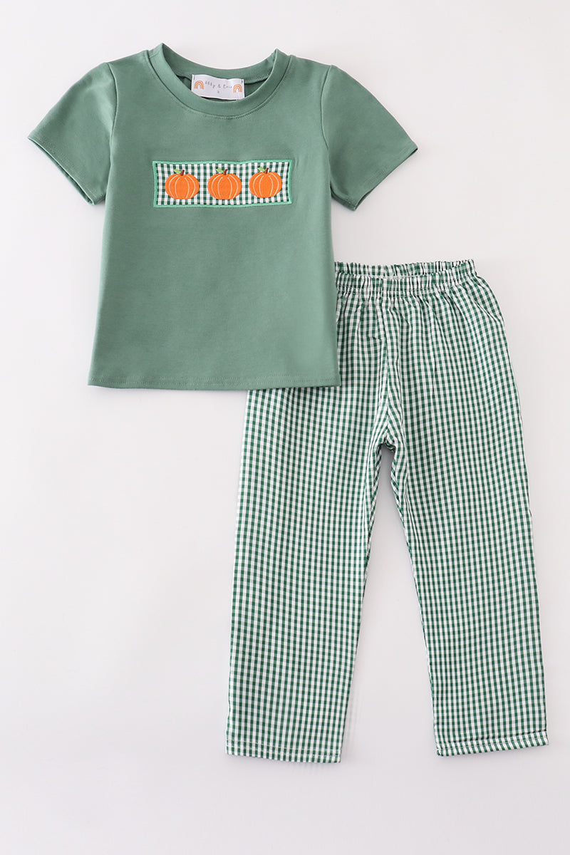Boys Embroidered Green Gingham Pumpkin Pants Set