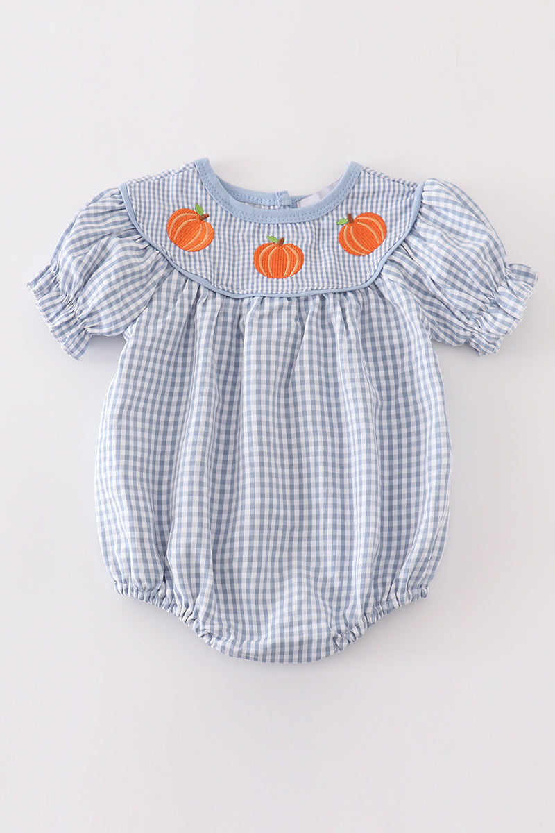 Girls Embroidered Blue Gingham Pumpkin Bubble
