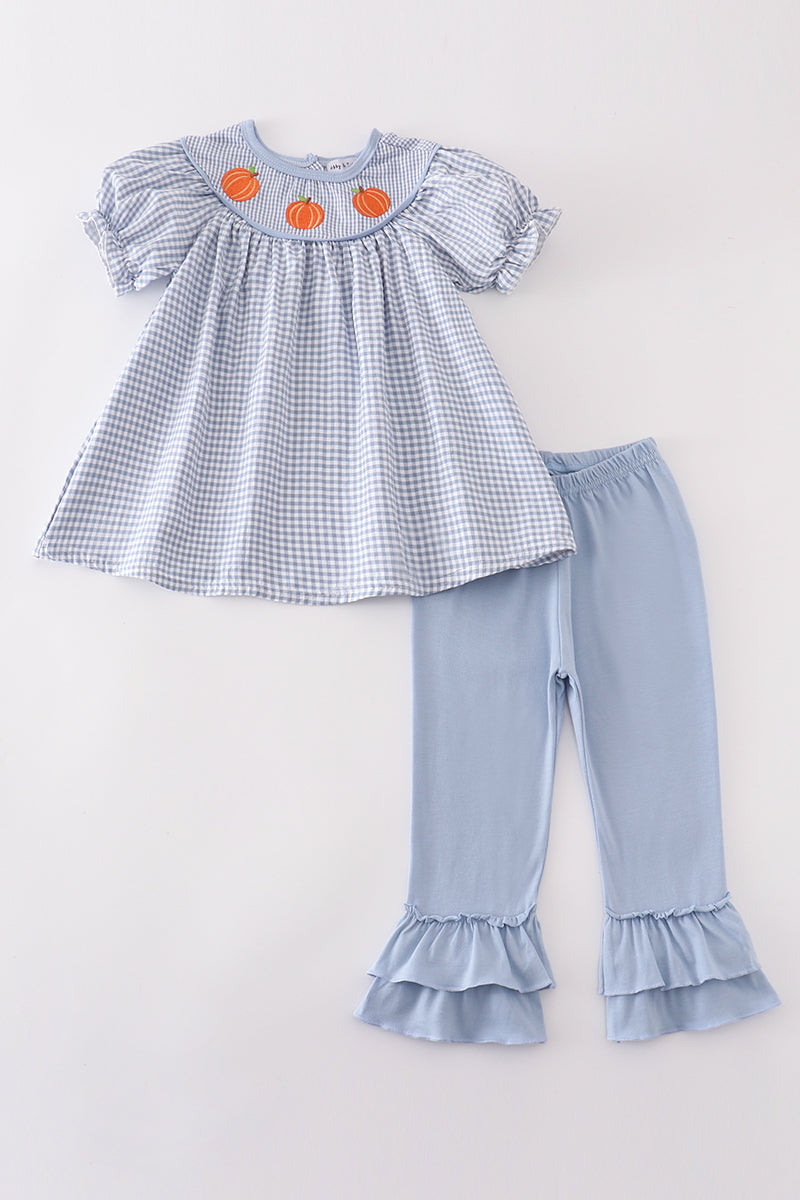 Girls Embroidered Blue Gingham Pumpkin Pants Set