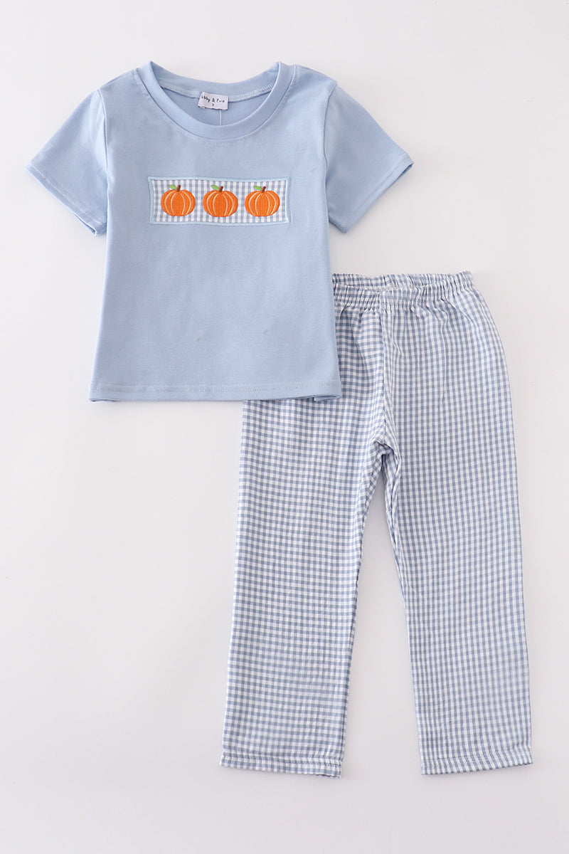Boys Embroidered Blue Gingham Pumpkin Pants Set