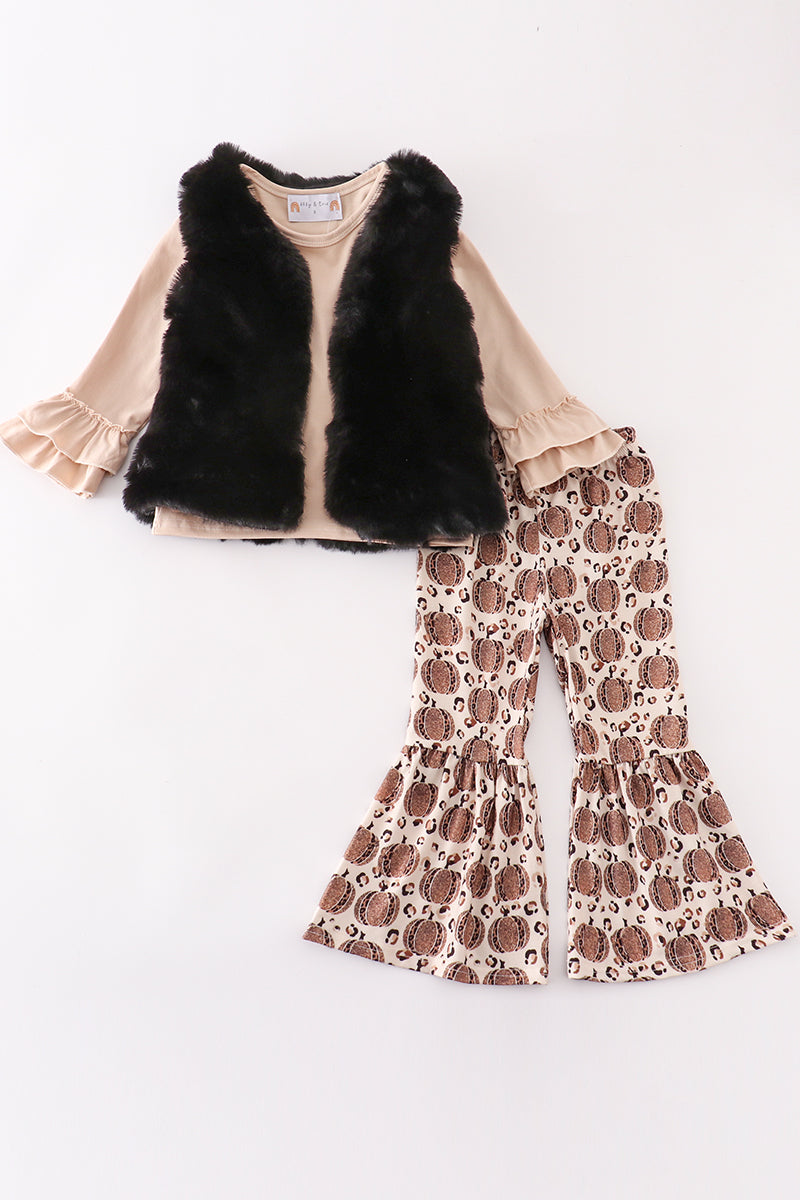 Girls Pumpkin Print Pants Set With Vest