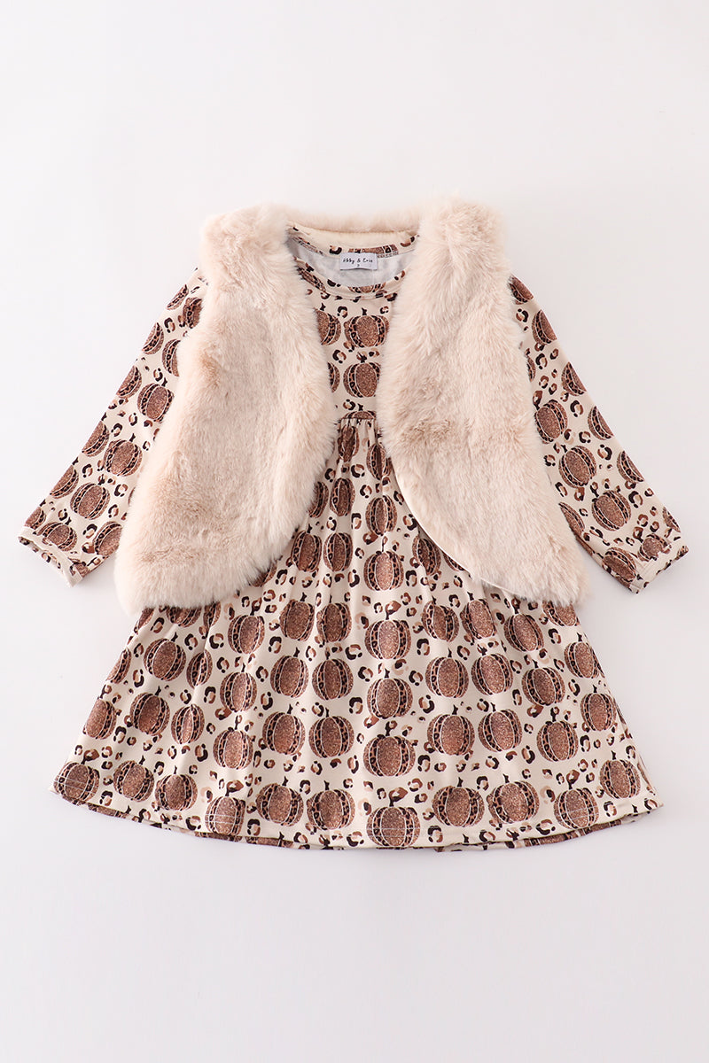 Girls Pumpkin Print Dress With Vest