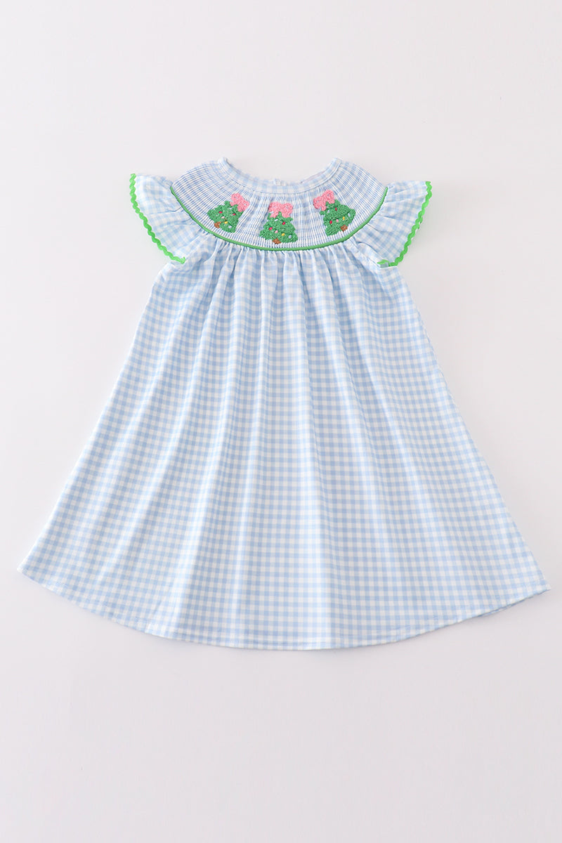 Girls Blue French Knot Christmas Tree Dress