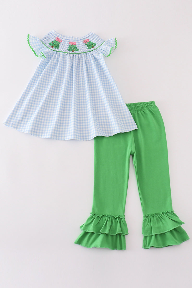 Girls Blue French Knot Christmas Tree Pants Set