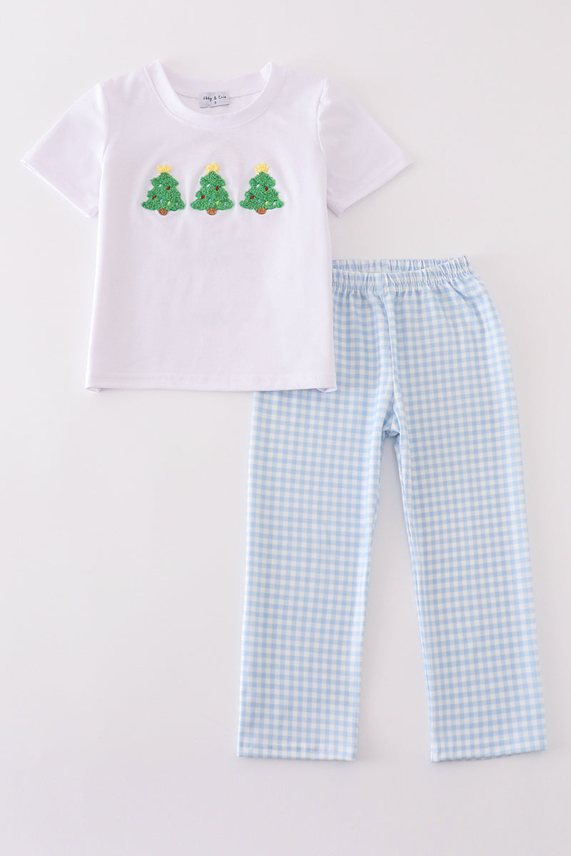 Blue French Knot Christmas Tree Pants Set