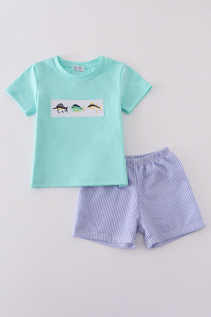 Boys Embroidered Seersucker Fish Shorts Set