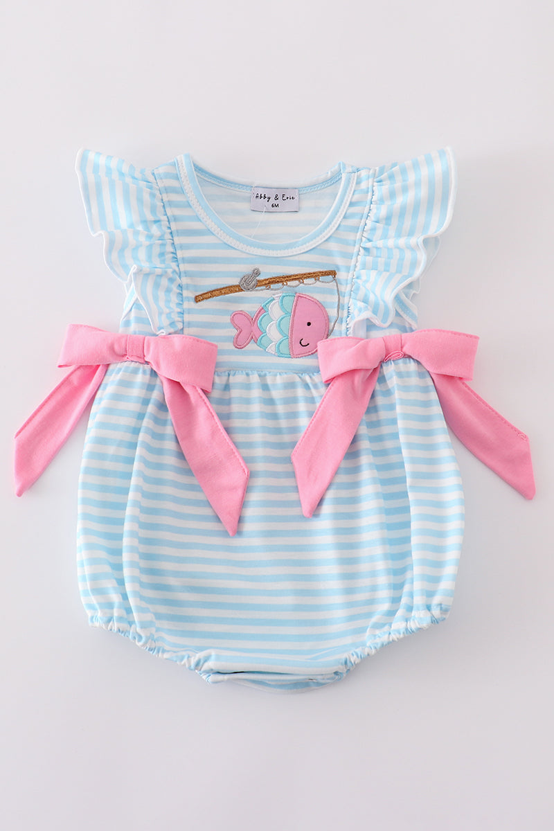 Girls Pink Striped Fishing Appliqué Bubble