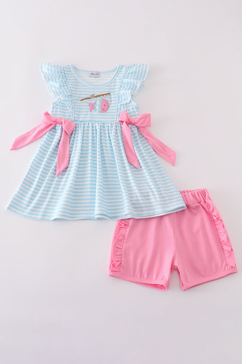Girls Pink Striped Fishing Appliqué Shorts Set