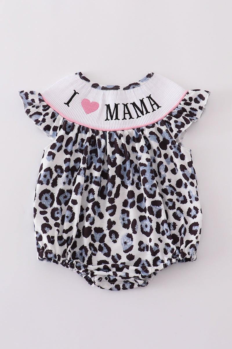 Girls Smocked Pink Leopard I Love Mama Bubble