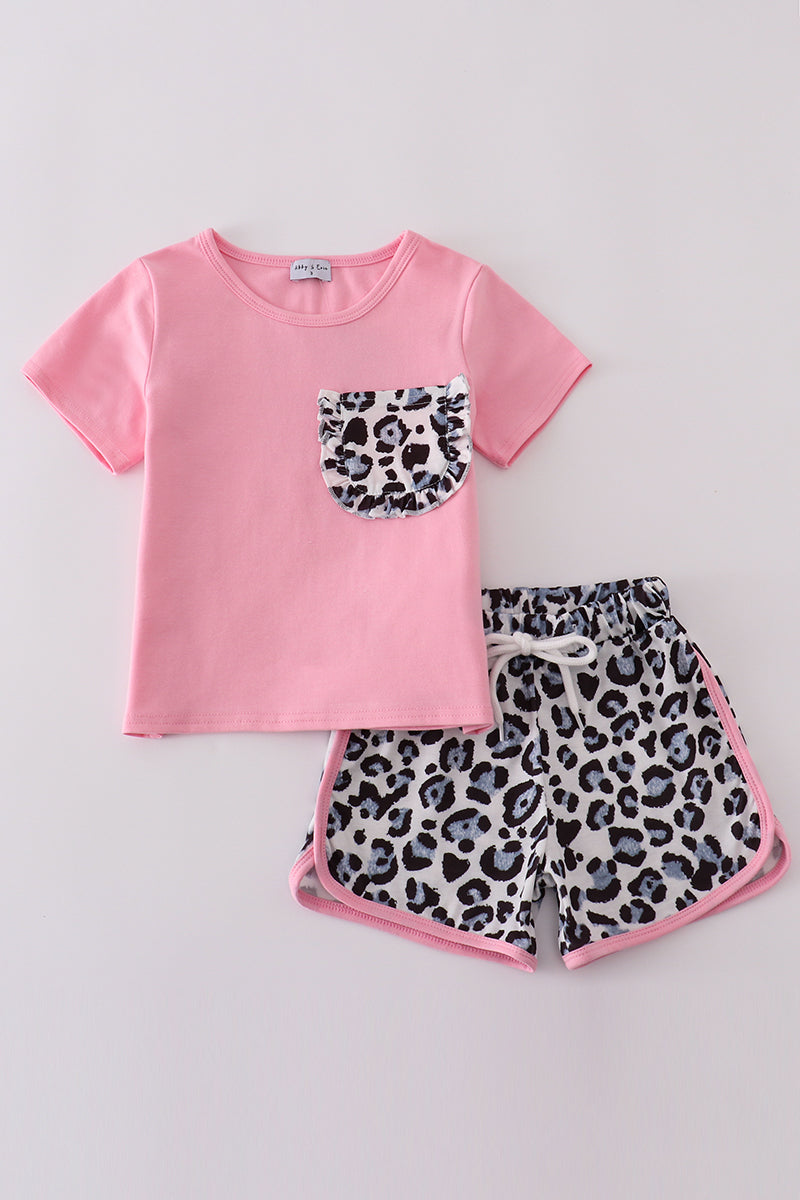 Girls Pink Leopard Shorts Set