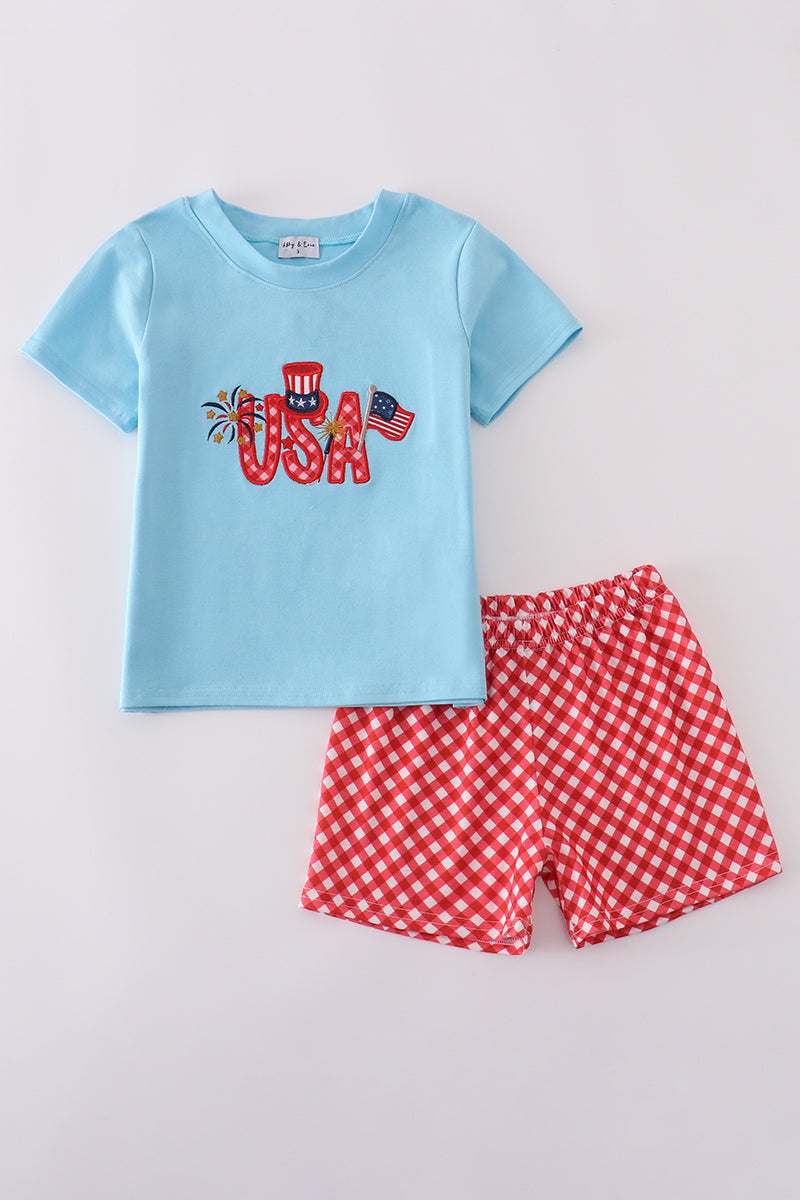 Boys Embroidered USA Flag Shorts Set