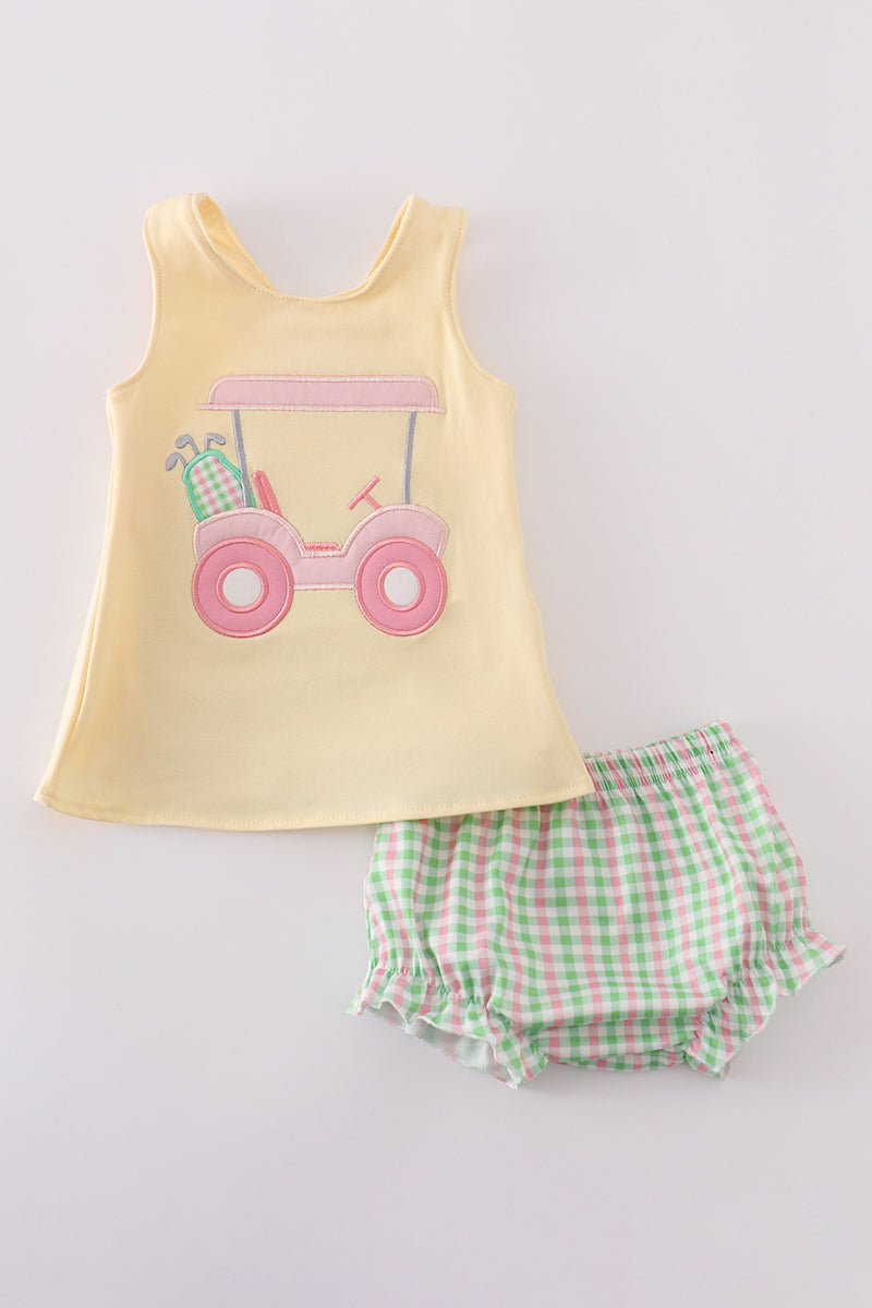 Girls Yellow Golf Cart Appliqué Bloomer Set