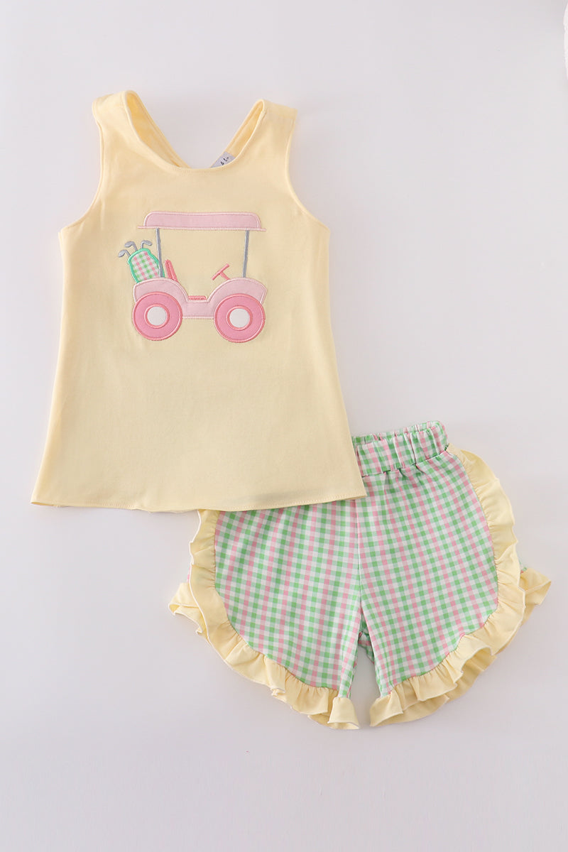 Girls Yellow Golf Cart Appliqué Shorts Set
