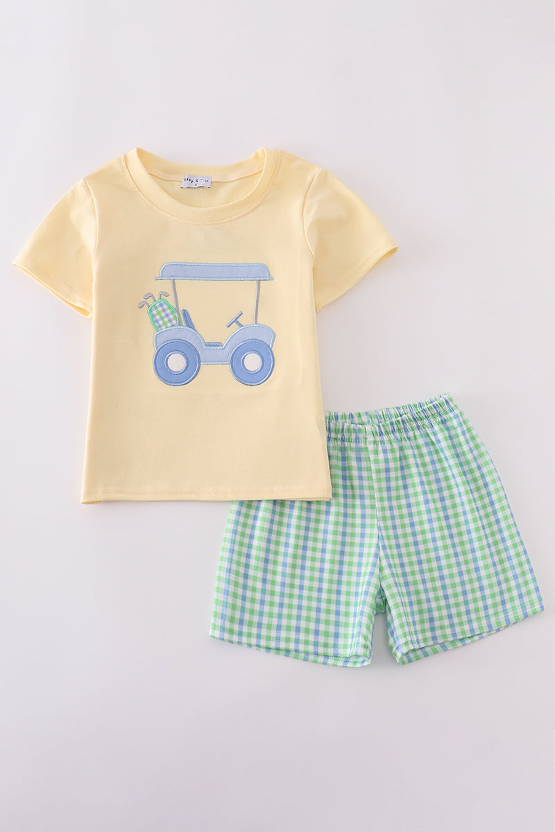 Boys Yellow Golf Cart Appliqué Shorts Set