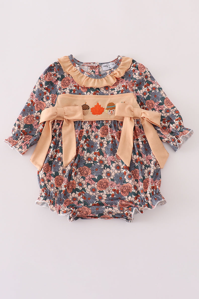 Girls Fall Floral Embroidered Pumpkin Bubble