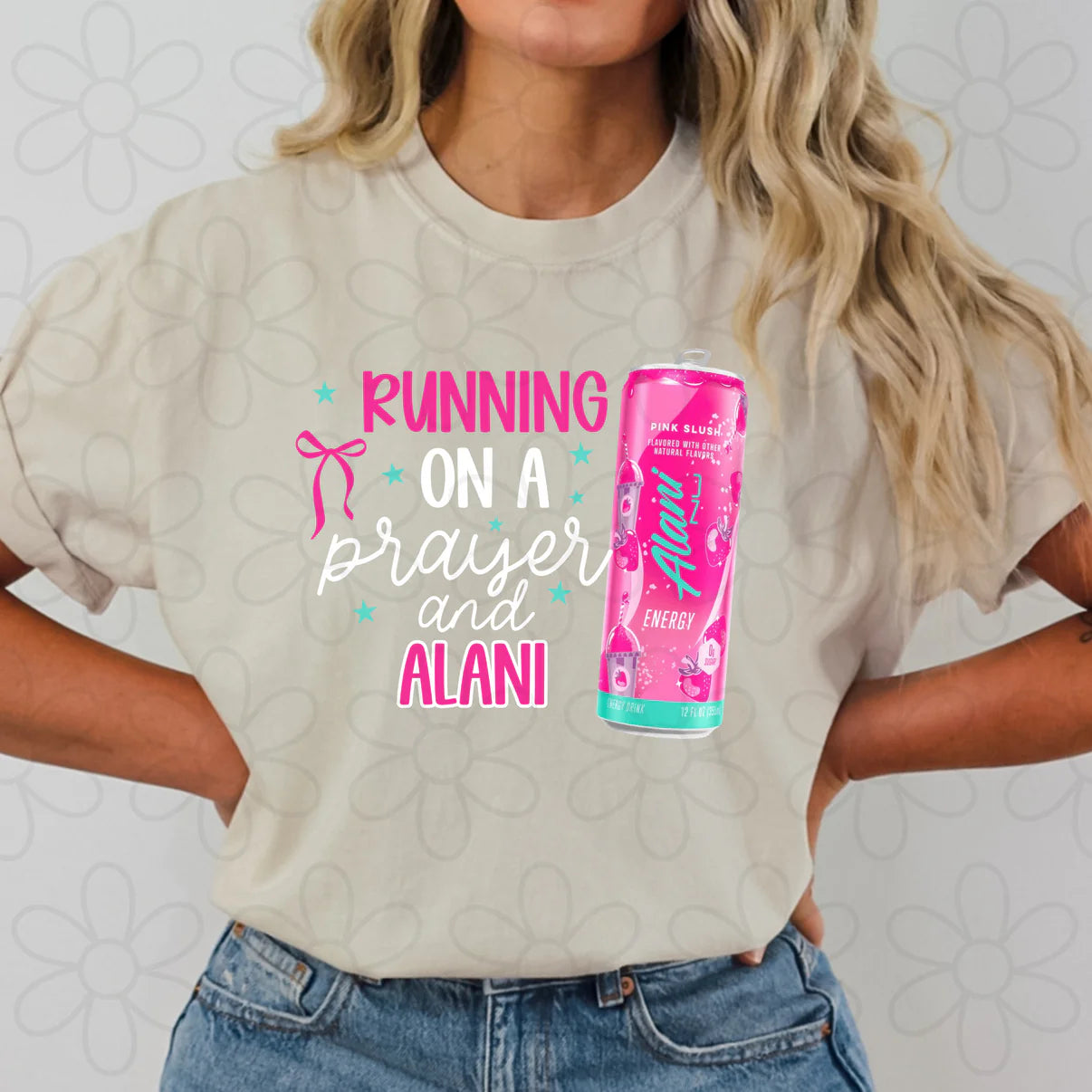 Running On A Prayer & Alani Energy Drink Graphic Tee-Pink Slush