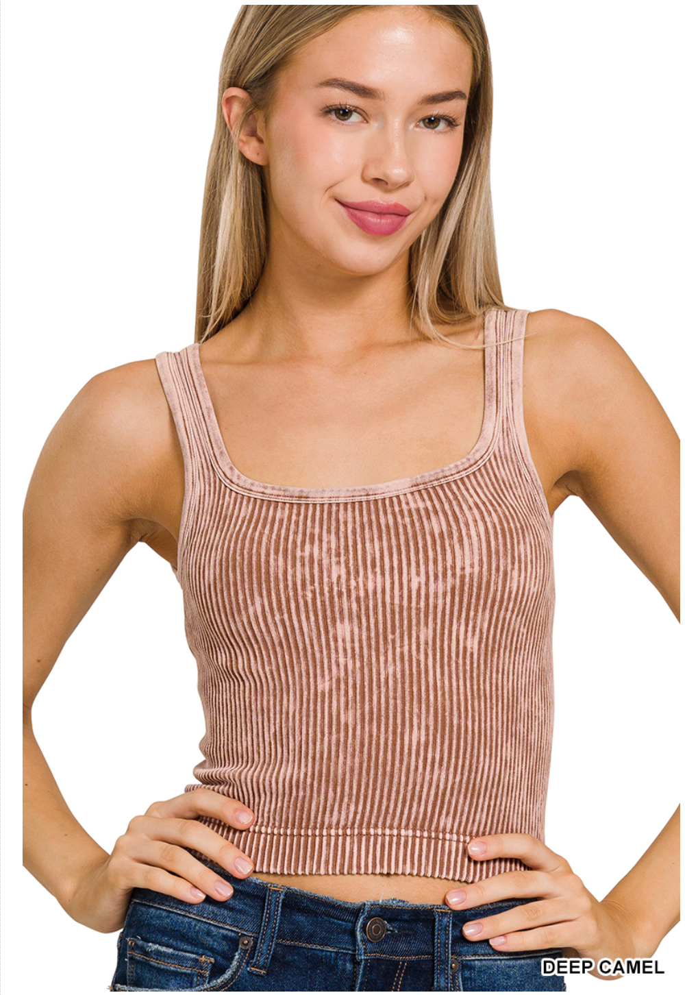 Washed Ribbed V-Neck & Square Neck 2 Way Tank- Deep Camel