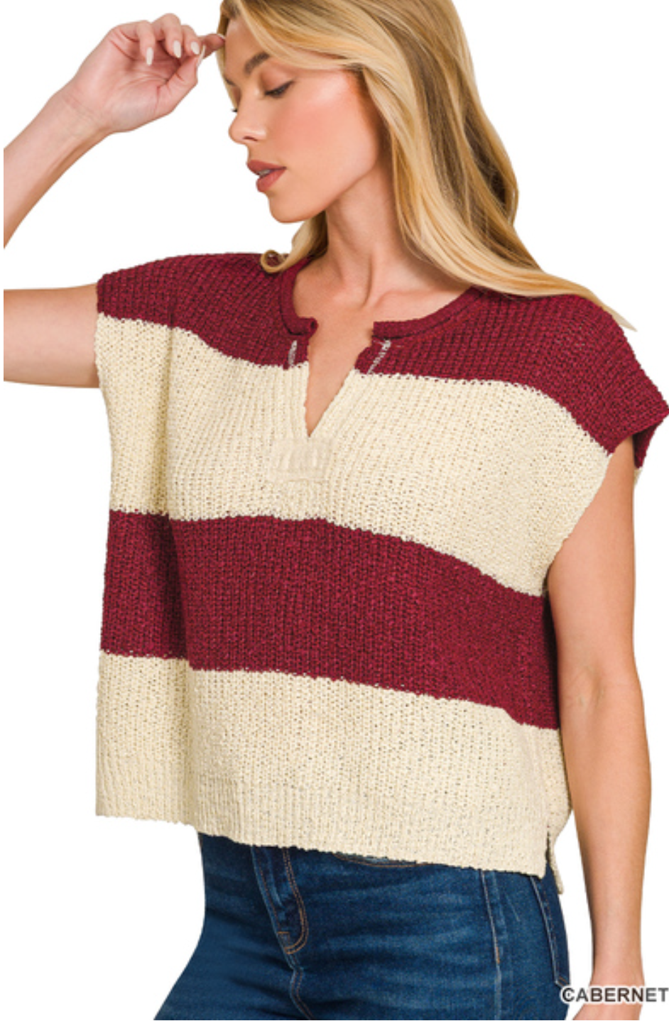 Split Neck Sleeveless Stripped Sweater-Wine