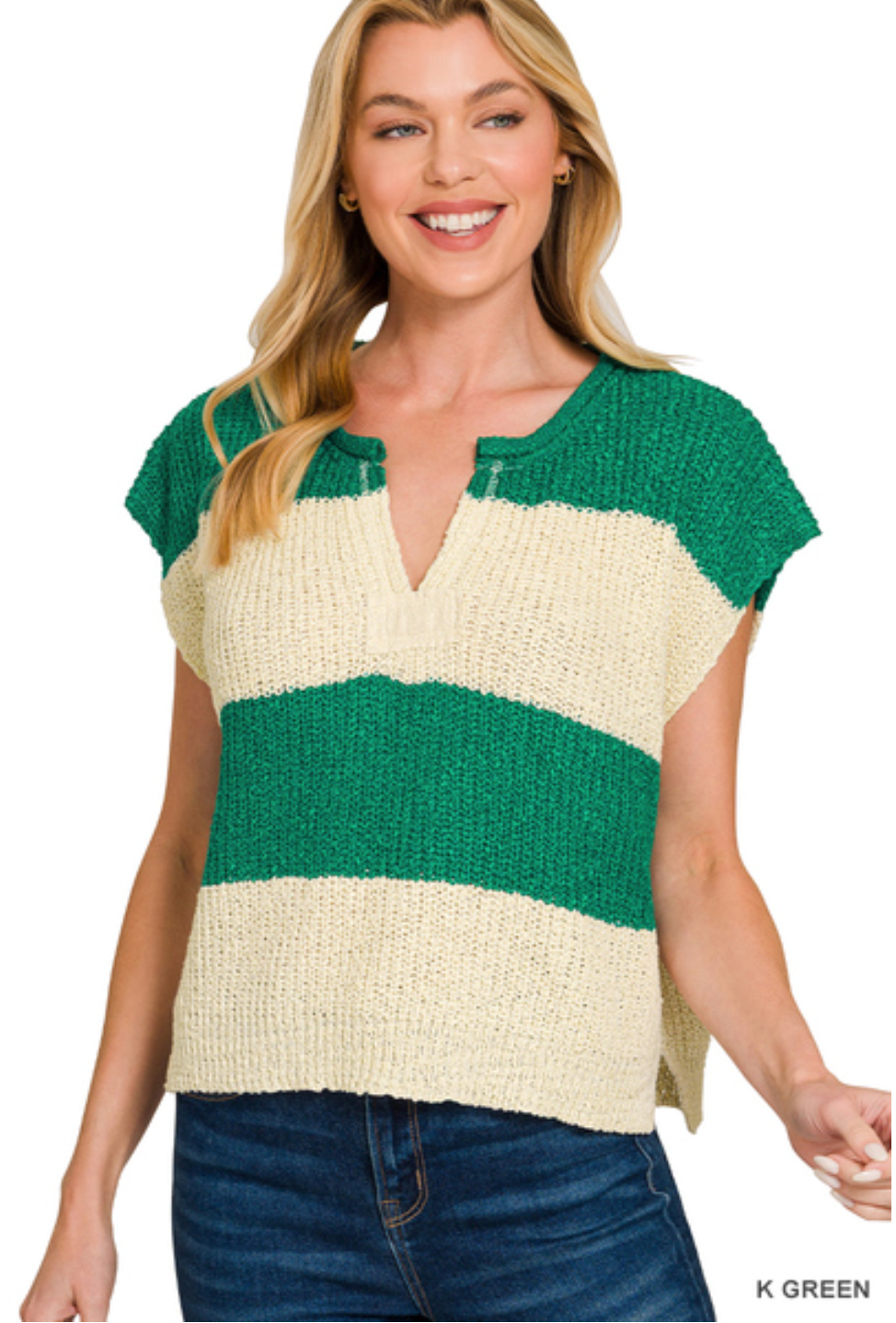 Split Neck Sleeveless Stripped Sweater- Kelly Green