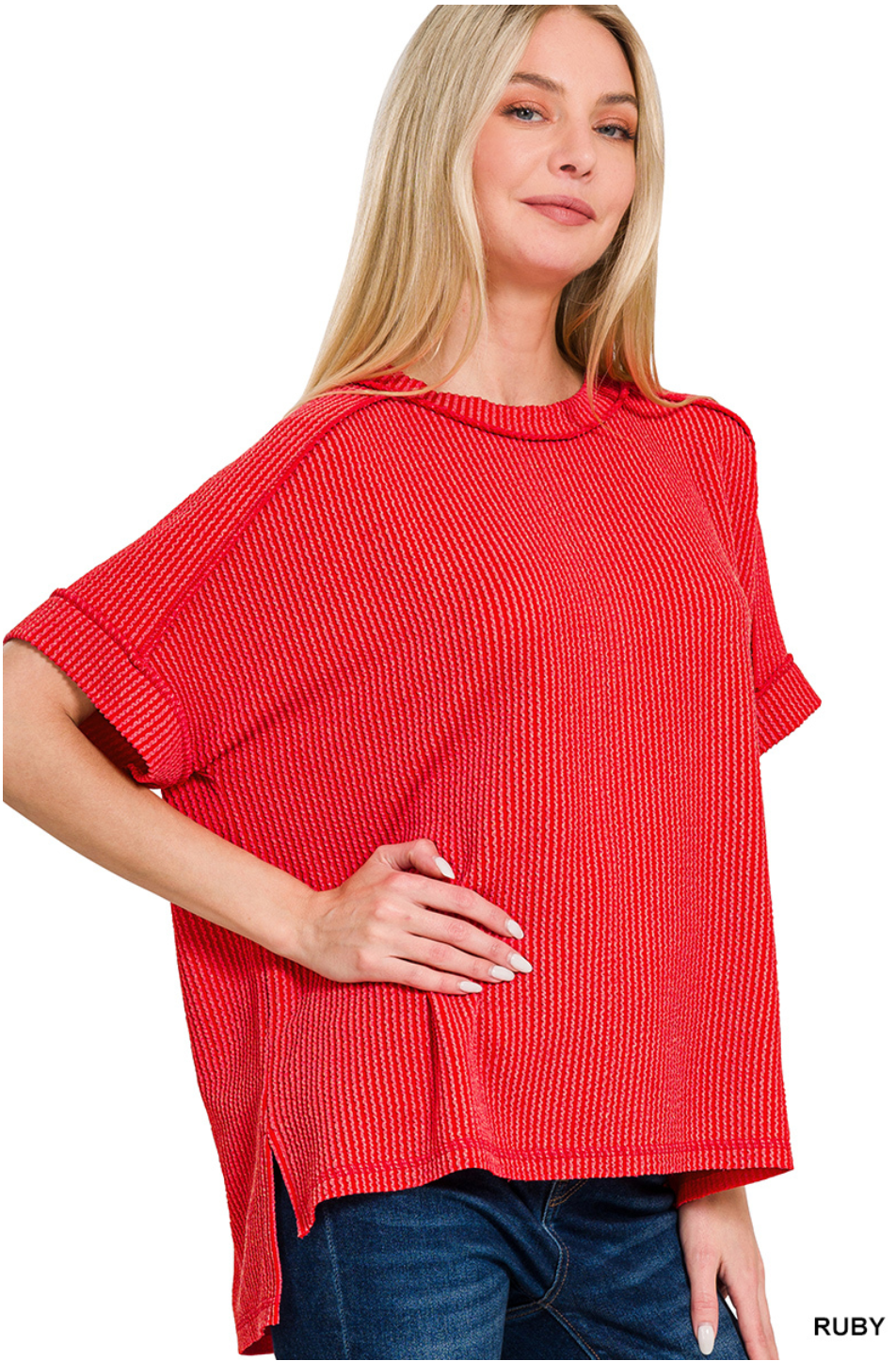 Raised Ribbed Cuff Sleeve Raw Edge Top-Red