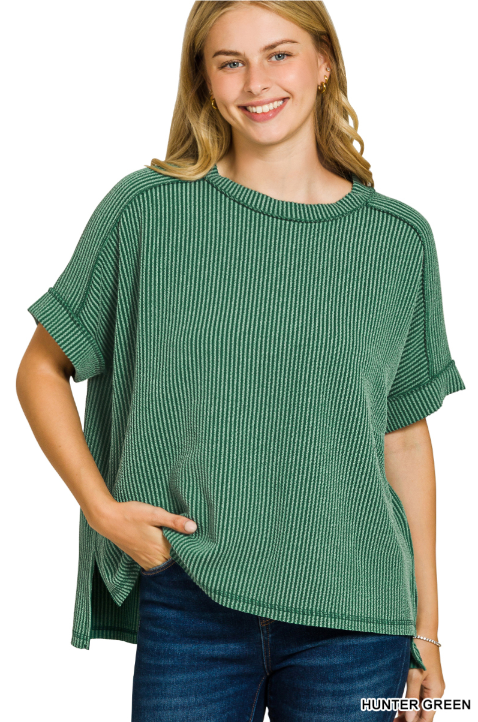 Raised Ribbed Cuff Sleeve Raw Edge Top-Hunter Green