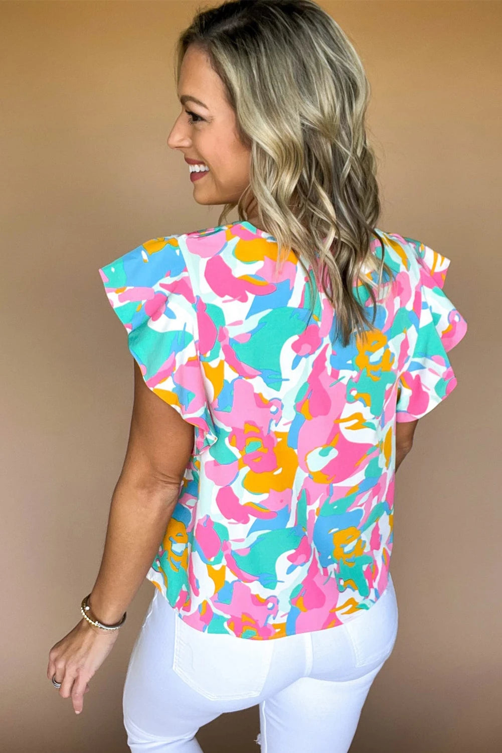Smocked Abstract Print Top