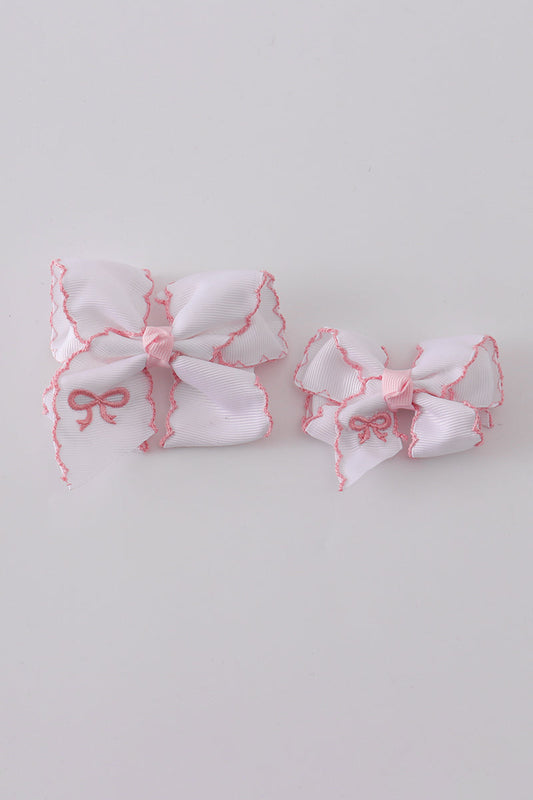 Embroidered White Bow Hair Bow