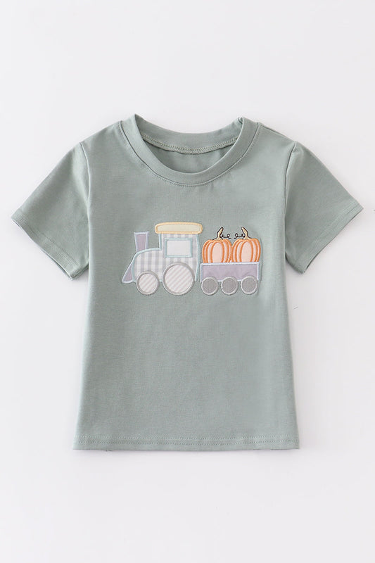 Boys Green Train Pumpkin Appliqué Top