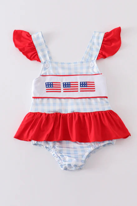 Girls One-Piece Embroidered Patriotic Plaid Flag Swimsuit