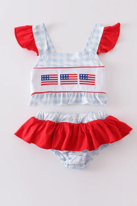 Girls Two-Piece Embroidered Patriotic Plaid Flag Swimsuit