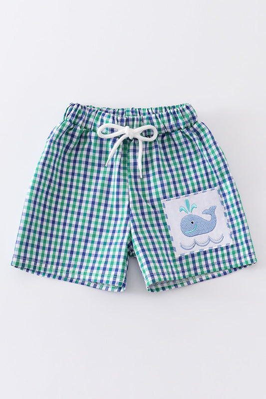 Boys Green Plaid Embroidered Whale Swim Trucks