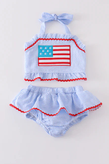 Girls Two-Piece Red Patriotic Flag Applique Swimsuit