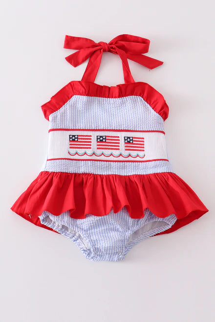Girls One-Piece Embroidered Patriotic Flag Seersucker Swimsuit