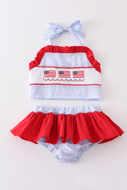 Girls Two-Piece Embroidered Patriotic Flag Seersucker Swimsuit