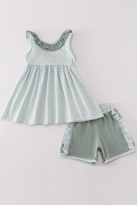 Girls Green Ruffle Gingham Shorts Set