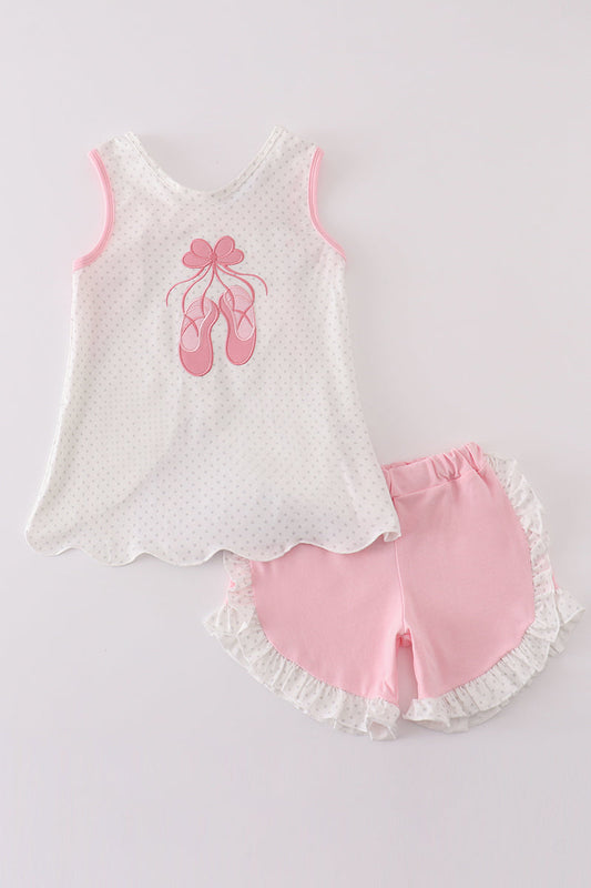 Girls Pink Ballet Shoes Appliqué Shorts Set