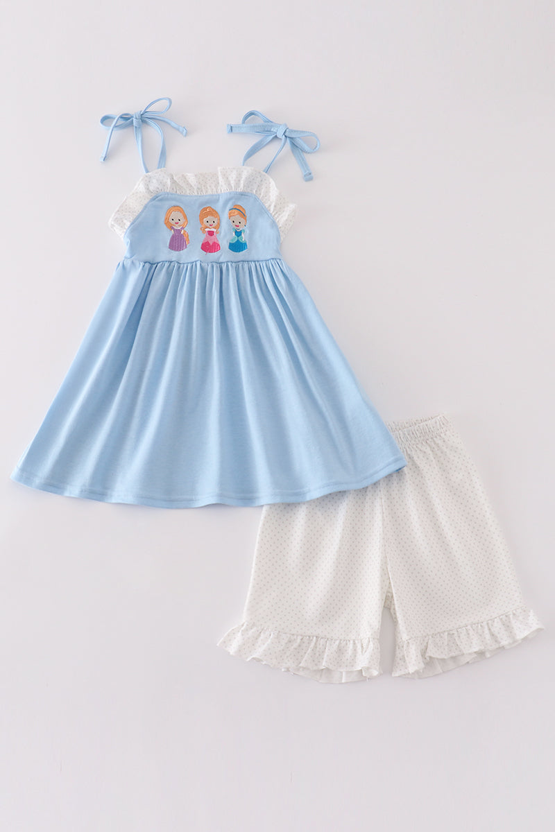 Girls Blue Embroidered Princess Shorts Set