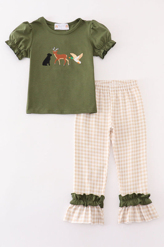 Girls Embroidered Gingham Hunting Set