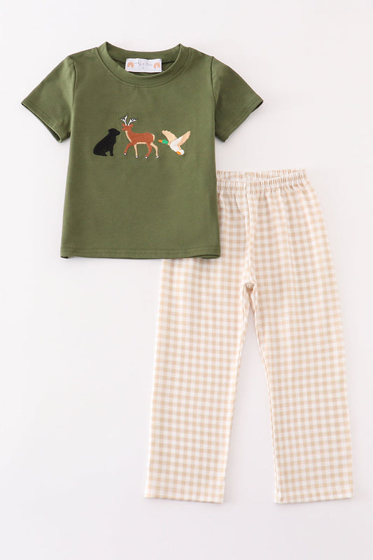 Boys Embroidered Gingham Hunting Set