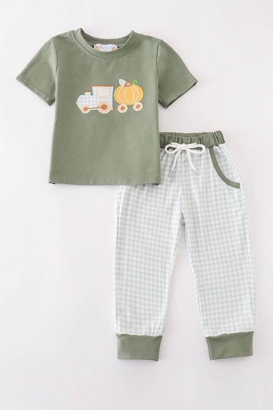 Boys Green Train Pumpkin Appliqué Pants Set