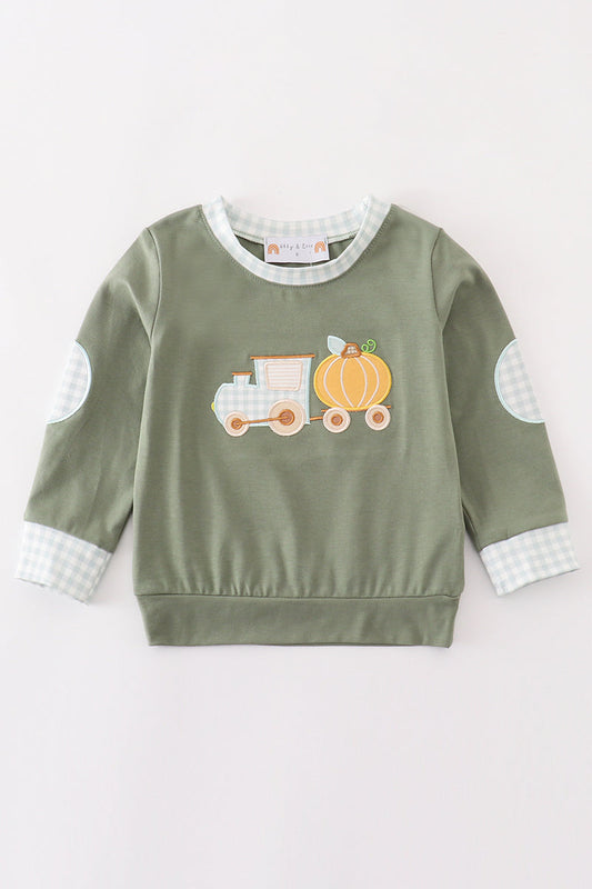 Boys Green Train Pumpkin Appliqué Long Sleeve Top