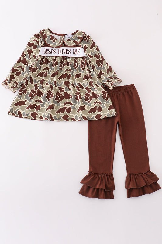 Girls Embroidered Jesus Loves Me Pants Set