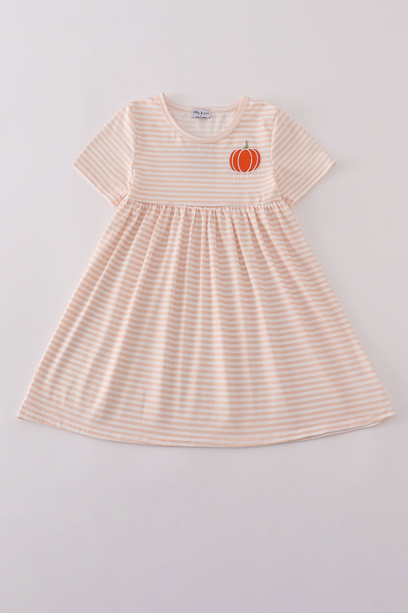 Girls Orange Embroidered Striped Pumpkin Dress