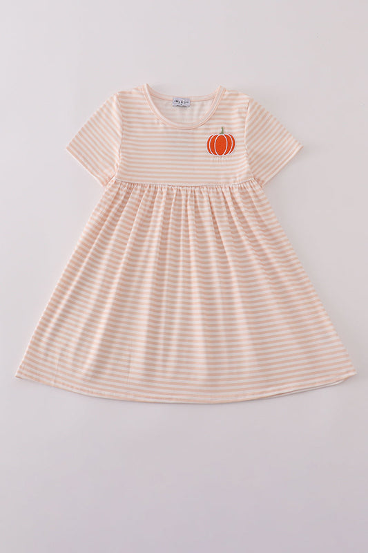 Girls Orange Embroidered Striped Pumpkin Dress