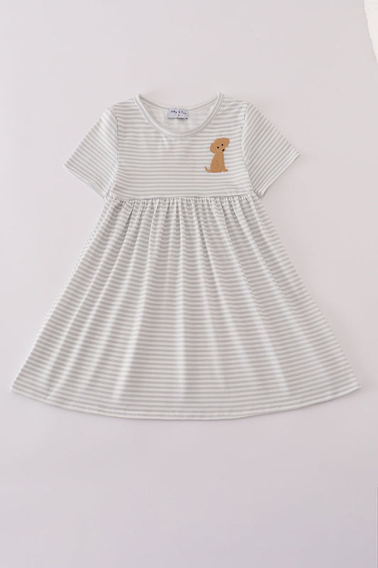 Girls Grey Embroidered Striped Puppy Dress