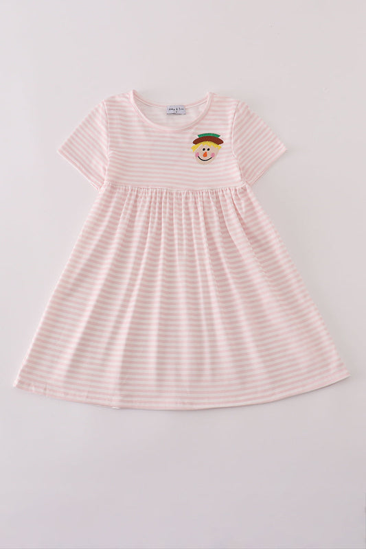 Girls Pink Embroidered Striped Scarecrow Dress