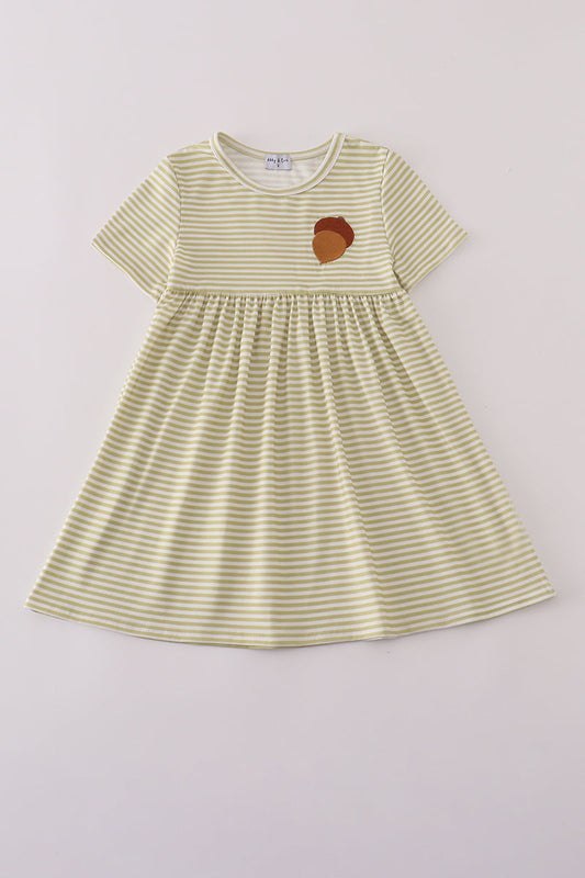 Girls Green Embroidered Striped Acorn Dress