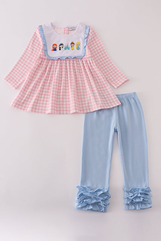 Girls Embroidered Princess Castle Long Sleeve Pants Set