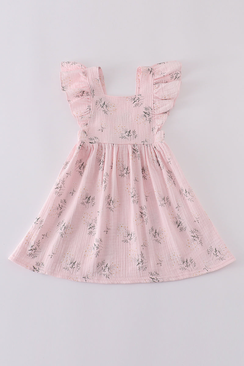 Girls Pink Floral Muslin Dress