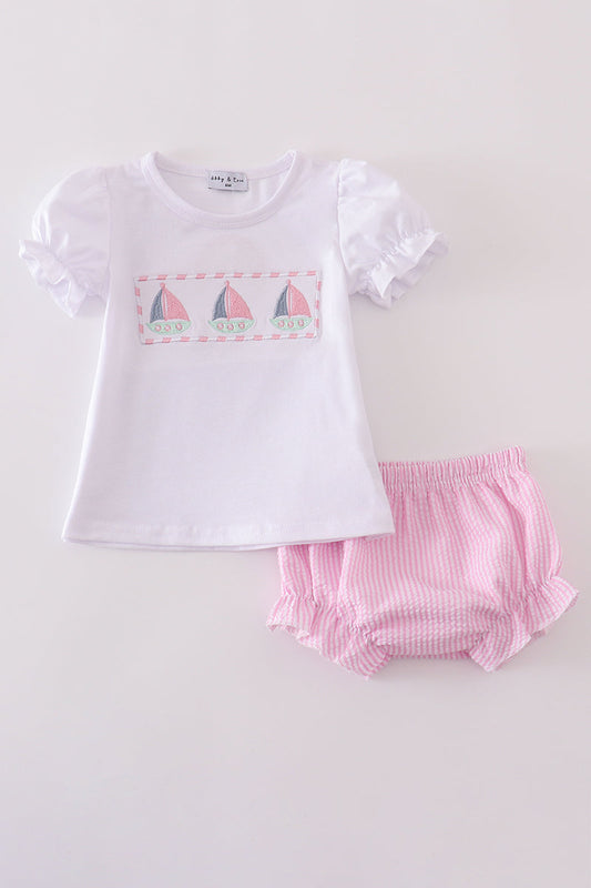 Girls Pink Smocked Seersucker Sailboat Bloomer Set